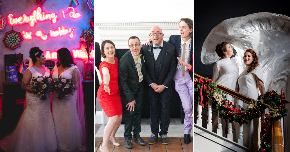 Split screen of photos featured in the Outhouse and GCN exhibition to mark 10 years of Marriage Equality, featugin LGBTQ+ couples on their wedding days.