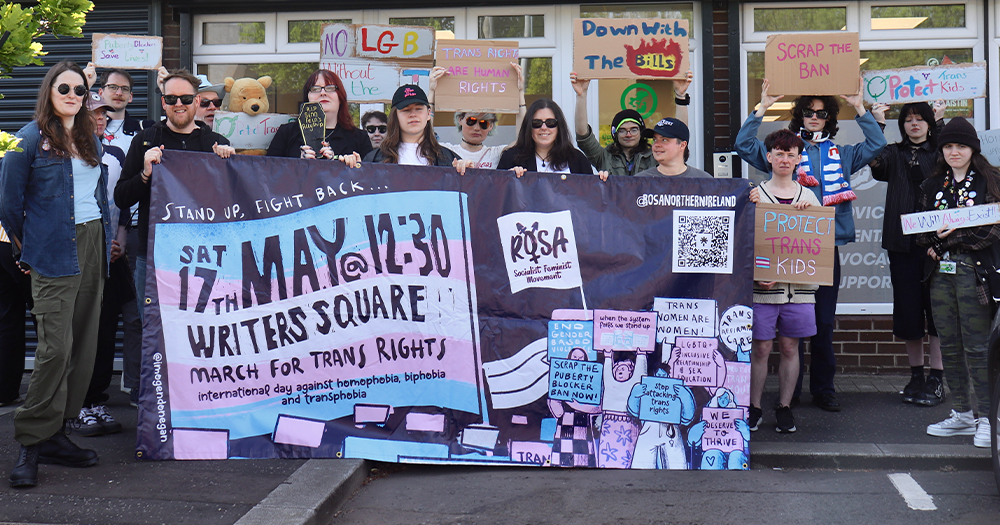 Yesterday , May 16 a group of campaigners protested outside the constituency offices of Executive members in the name of trans rights.