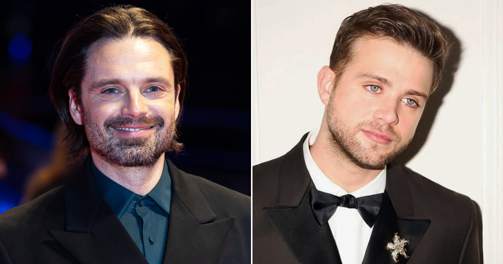 Split screen of Sebastian Stan and Leo Woodall posing for photos in a black suit.