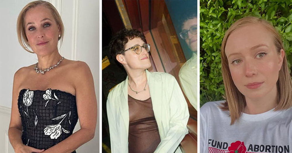 Left: Gillian Anderson wearing a dress smiling, Middle: Jane Schoebrun wearing a white cardigan looking through a window and Right: Hannah Einbinder wearing a shirt that says 'Fund Abortion Not War'.
