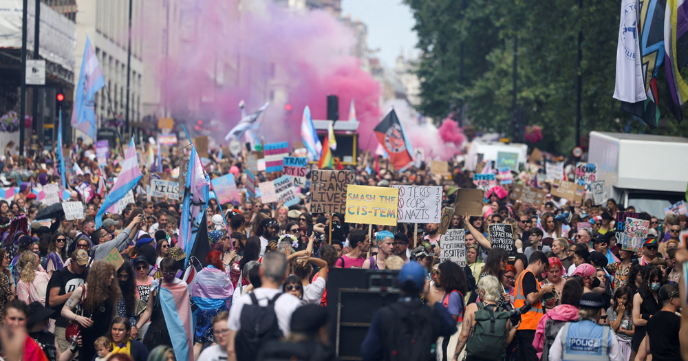 Pride march in London, UK, which is among the Pride events where political parties were banned this year.