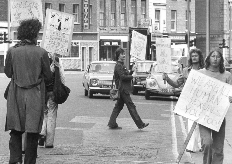 A group of students protests the criminalisation of same-sex relationships in 1973 in what is considered one of the first Dublin Pride Parades.