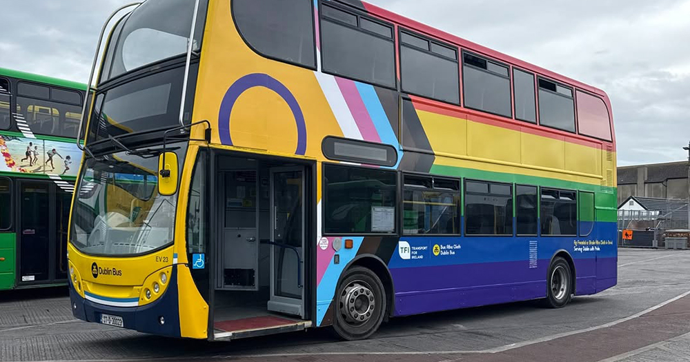 A Dublin Bus in the colour of the Pride flag for a partnership with Outhouse.