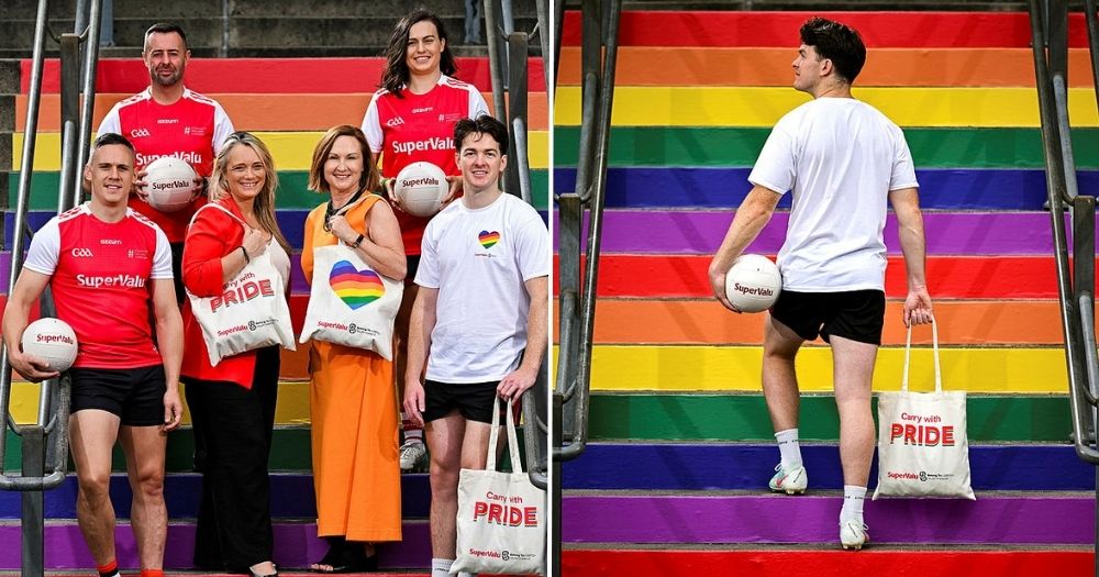 {Left to Right} Mark Shields, David Gough, Moninne Griffith, Maighread Cremin, Hannah Looney, Kevin Penrose. They are pictured standing on a rainbow staircase with SuperValu's Wear With Pride merch.