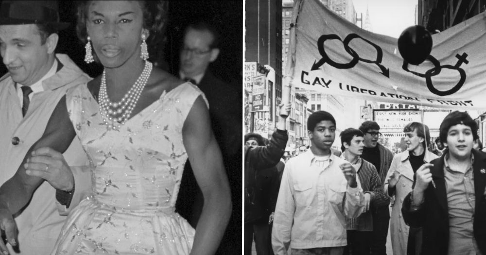 Screen captures from Stonewall Films. {Left to Right} Police officer arrests either drag queen or trans woman, it is not specified which. Teenagers stand in front of flag that reads 'Gay Liberation Front'.