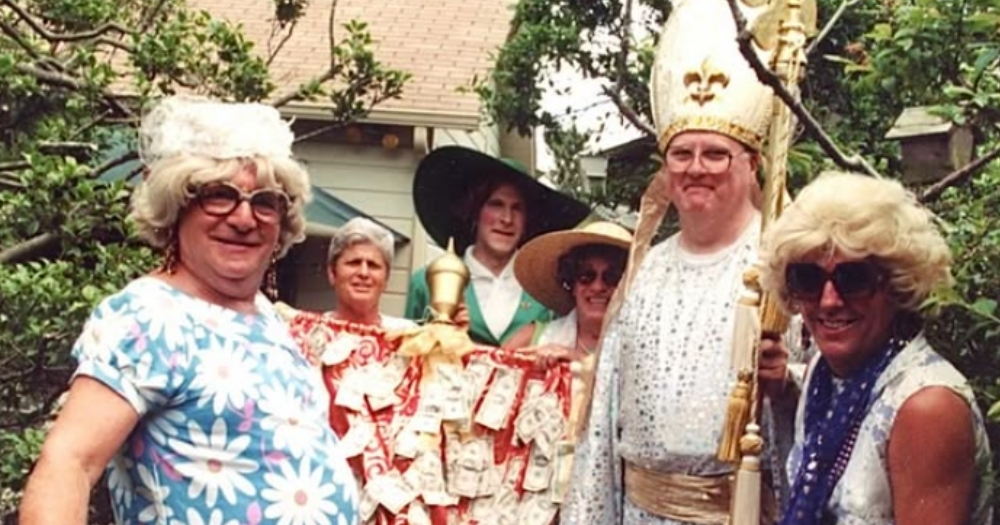A group of six friends dressed up outdoors in Fire Island.