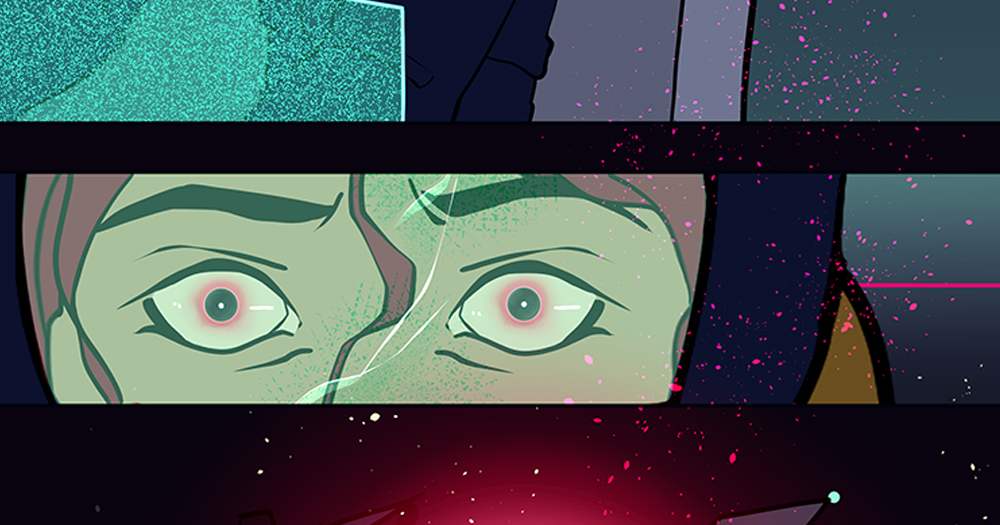 Image from comic anthology GALACTIC, showing a pair of scared eyes.