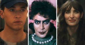Split screen of stills from three GAZE 2025 films. Left is Plainclothes, middle is Strange Journey: The Story of Rocky Horror, right is Girls & Boys.