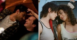LGBTQ+ films for Pride split screen. Naveen and Jay from "A Nice Indian Boy" on the left and Lou and Jackie from "Love Lies Bleeding" on the right.