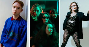 Split screen of three artists included on our list of queer songs. Left is Romeo Keane, middle is Dose and right is SexyTadhg.