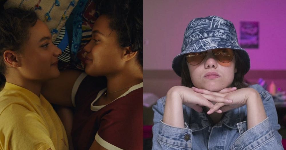 A split screen of two girls laying facing each other from "Hearts Beat Loud" on the left and a girl with her head in her hands staring straight out from "Sweetheart" for sapphic summer films.