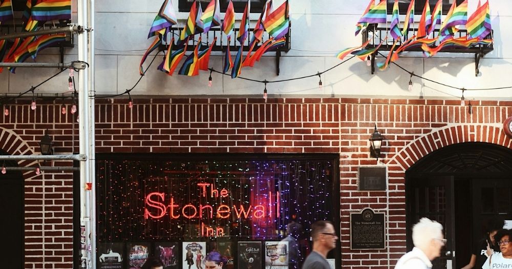 A shot from outside the Stonewall Inn, inside which is the LGBTQ Wall of Honor