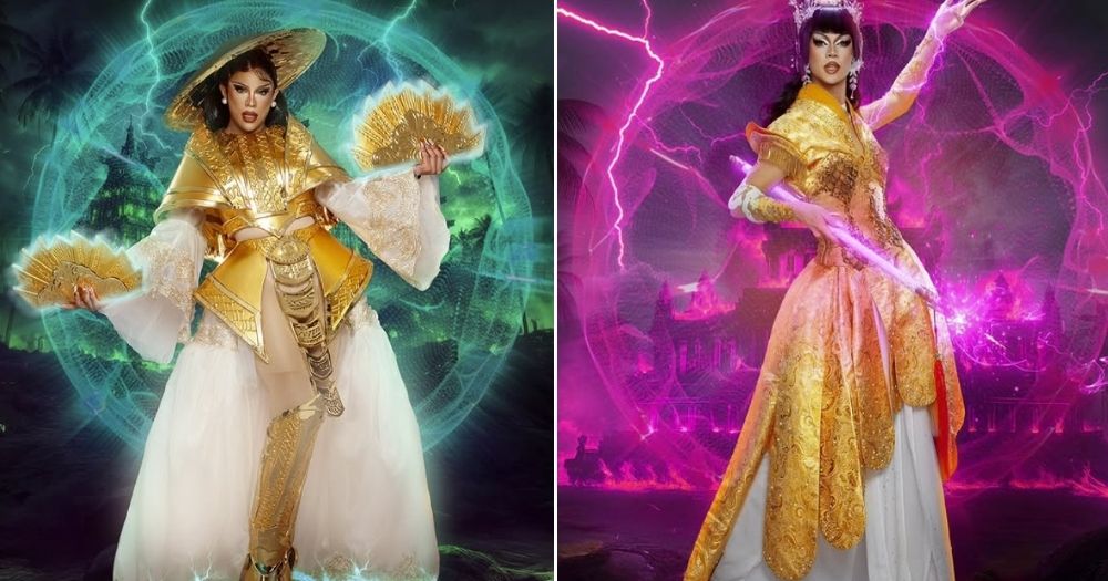 Drag queens Arizona Brandy and Ivory Glaze in their promotional posters for Drag Race Philippines: Slaysian Royale.