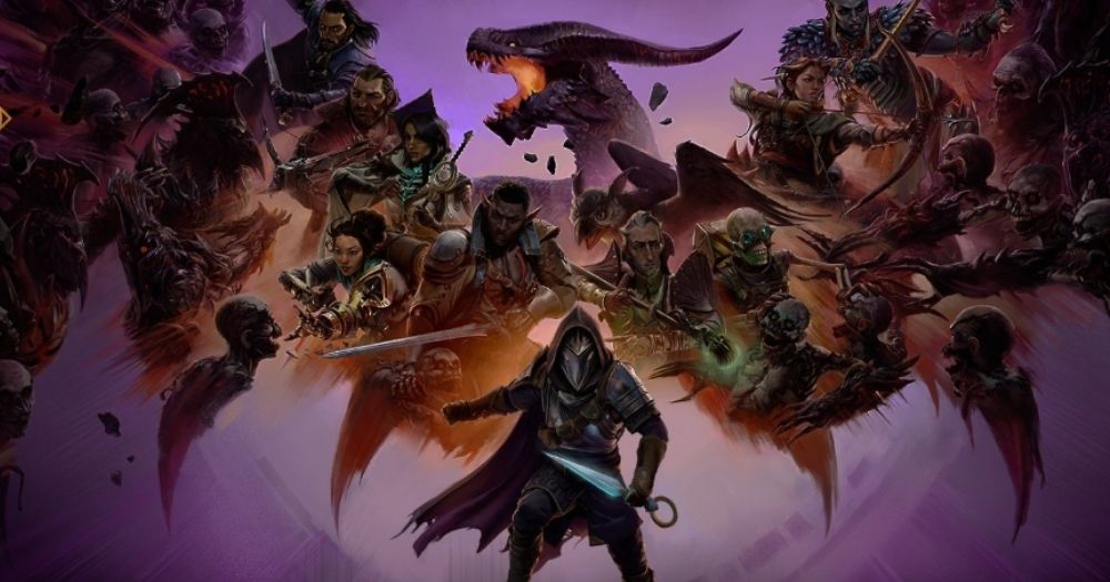 An image for Dragon Age: Veilguard of different characters spread out with a large dragon behind them.