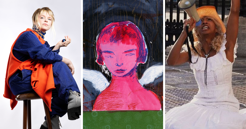 Split screen of three images for events happening in July. Left is Wallis Bird, middle is a painting from the Grá exhibition and right is Venus Patel as Daisy: Prophet of the Apocalypse.
