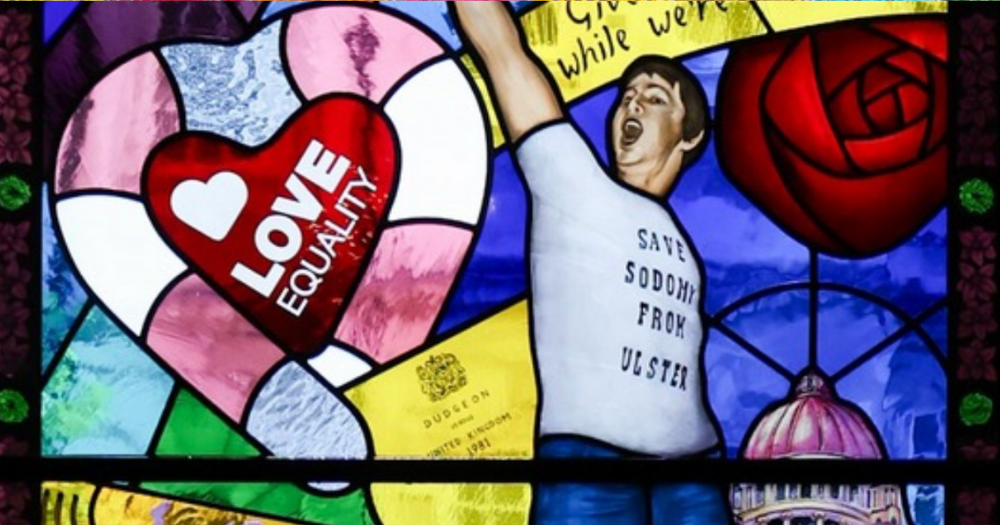 Image shows the section of the window in Belfast City Hall deemed offensive by the TUV.