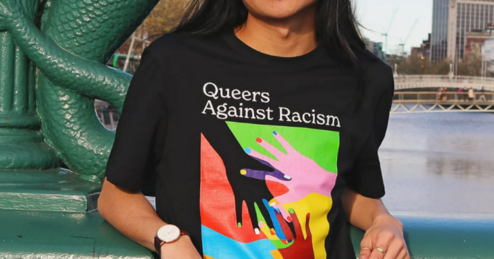 Image shows a person wearing merchandise from Queer Asian Pride, who recently condemmed a racist attack on a man in tallaght.