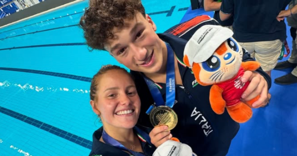 Image shows Italian diver Matteo Santoro who has made headlines not just for his sporting achievements but also for a heartfelt personal milestone.