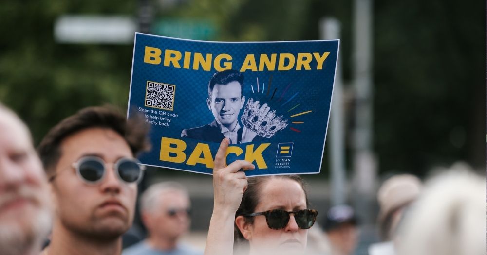 Protestors rallying against the Trump administration's deportation of Andry Hernandez Romero, a gay asylum seeker and makeup artist.