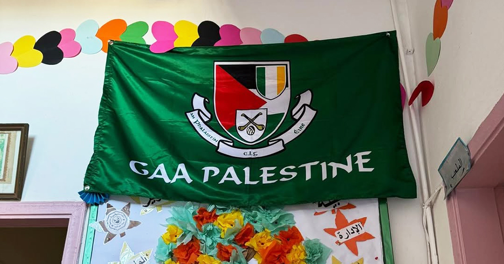 Banner of GAA Palestine hanging on a wall.