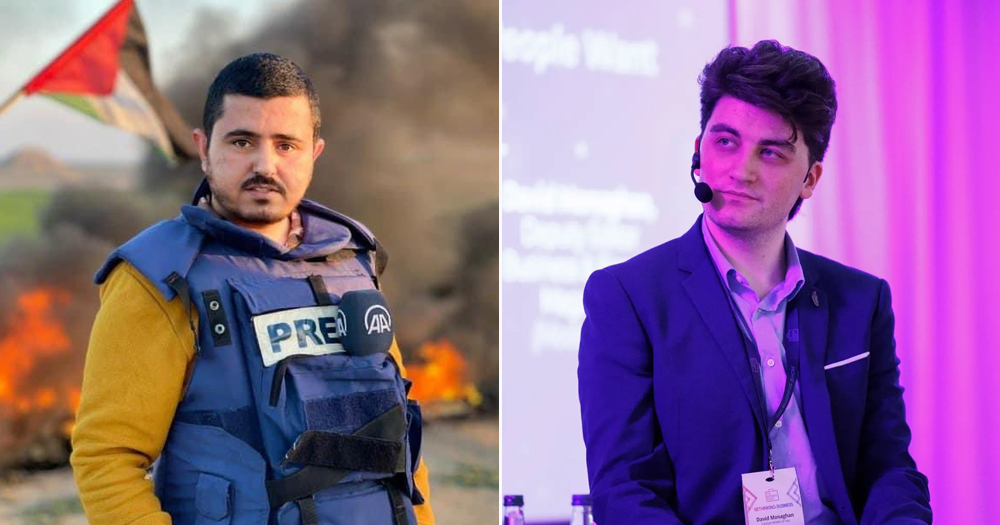 This article is about a journalist undertaking a 24-hour fast for Gaza. In the image, a split screes of Dublin journalist David Monaghan and journalist Muntaser Al-Sawaf, who died in Gaza.
