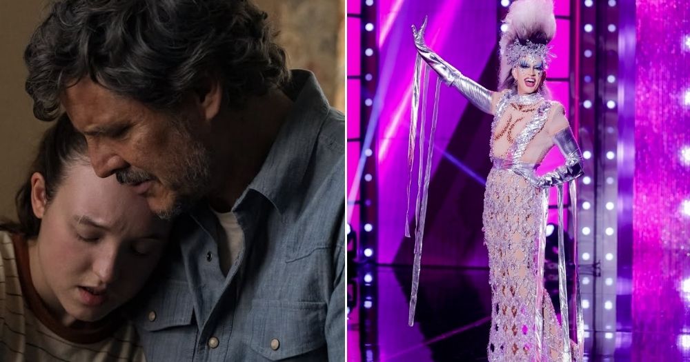 Images from The Last of Us and RuPaul's Drag Race, two LGBTQ+ shows that have received Emmy nominations.
