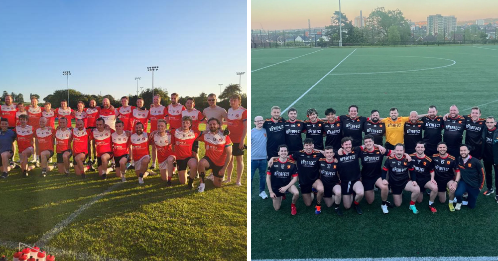 Split screen of two LGBTQ+ GAA teams: Na Laochra Aeracha and Aeracha Uladh.