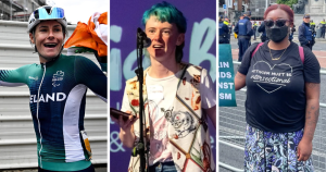 Split screen of three queer disabled figures in Ireland. Right is Katie-George Dunlevy, middle is Ollie Bell and right is Blezzing Dada.
