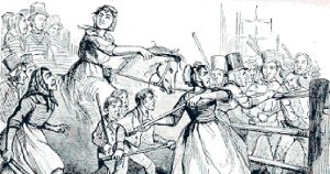 A black and white illustration of the Rebecca Riots