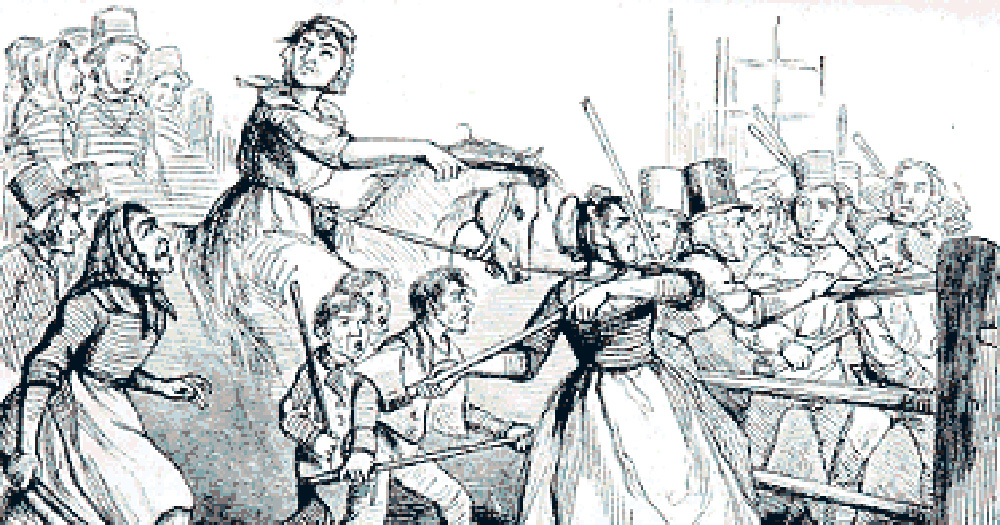 A black and white illustration of the Rebecca Riots