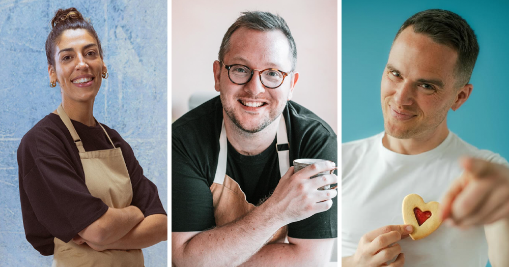 Split screen of three LGBTQ+ Great British Bake Off contestants. Left is Jessika, middle is Edd Kimber, right is David Atherton.
