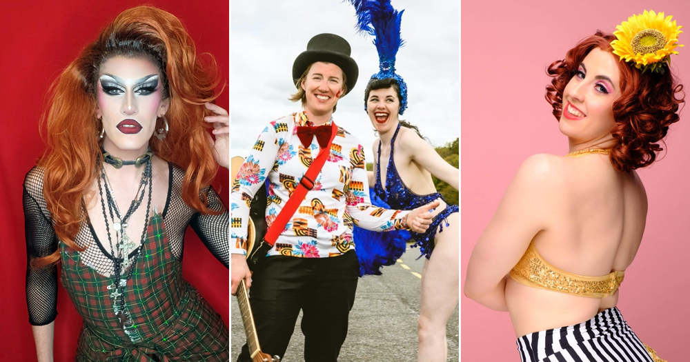 Split screen of hosts and contestants of the show Hoes of Tralee posing for photos.