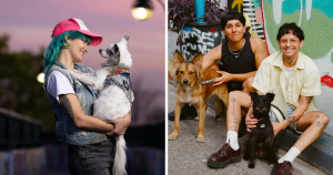 Split screen of two images of queer people and their dogs. Left shows one person holding their dog, while right shows two people and their two dogs.