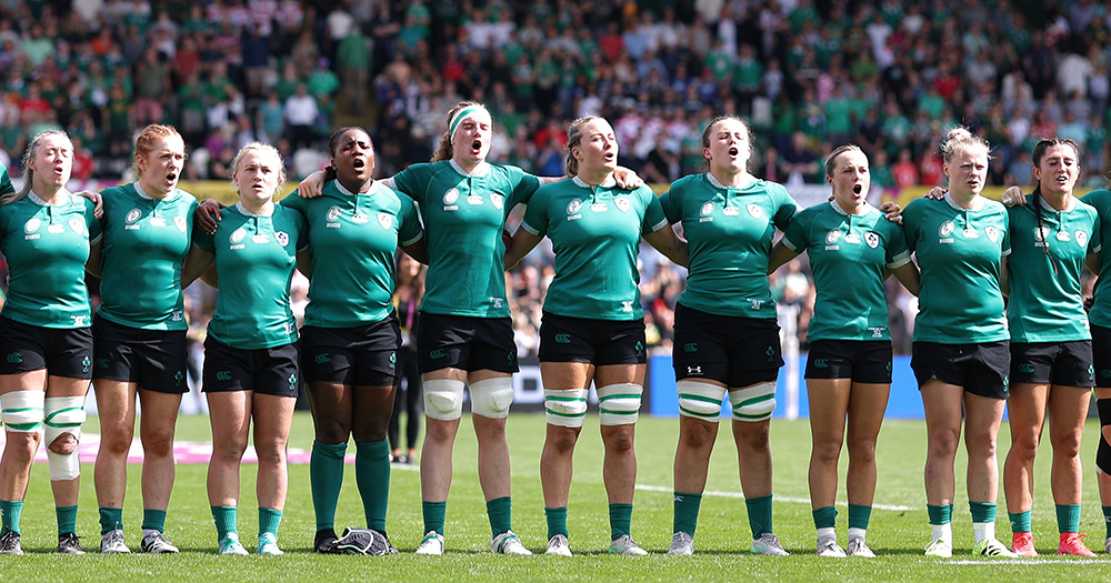 Ireland women's rugby team singing the national anthem at the World Cup.
