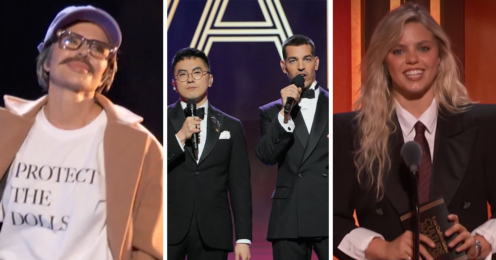 Three screenshots of iconic moments from Las Culturistas Culture Awards. Left is Lisa Rinna, middle is Bowen Yang and Matt Rogers, right is Reneé Rapp.