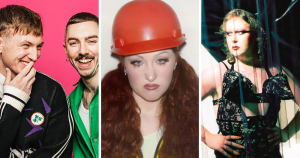 Split screen of three LGBTQ+ acts playing Electric Picnic 2025. Left is I'm Grand Mam, middle is Chappell Roan, right is SexyTadhg.