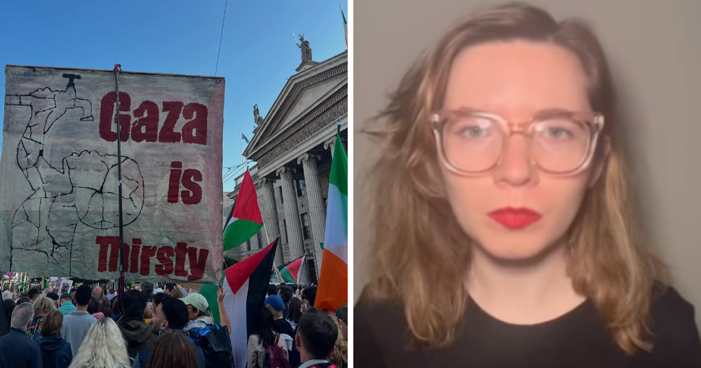 Split screen: Left is a sign reading 
