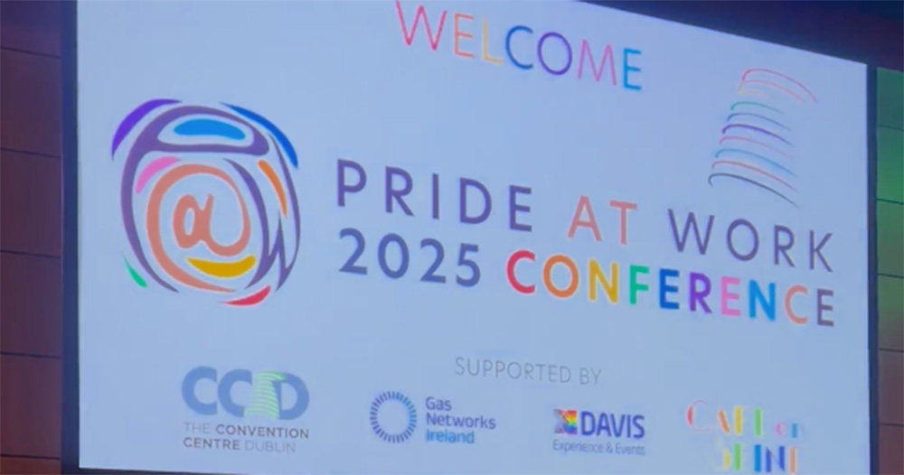 A welcome screen at the Pride At Work 2025 conference.
