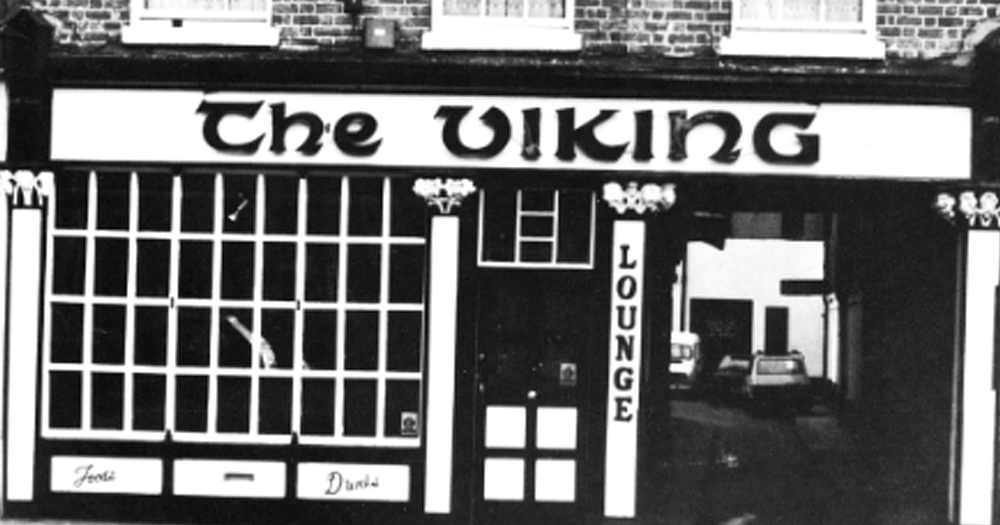 View of Dublin pub The Viking in a black and white photo.