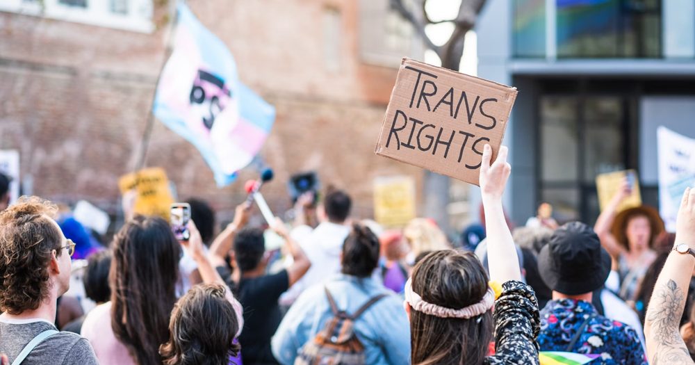 This article is about trans women accessing a free HRT scheme in Ireland. In the photo, people participating in a protest with one of them holding up a sign that reads 'trans rights'.