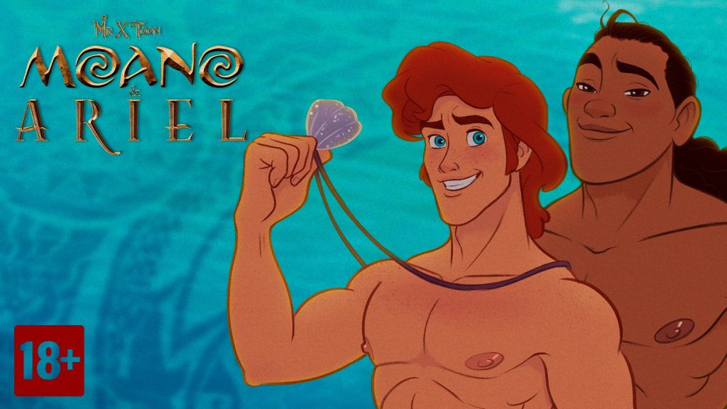 X Toon animated poster for Moano and Ariel. It shows a man version of Arial the princess, and a man version of Moana all grown up. They pose shirtless, Moano behind Ariel, and Ariel holds up a shell necklace.