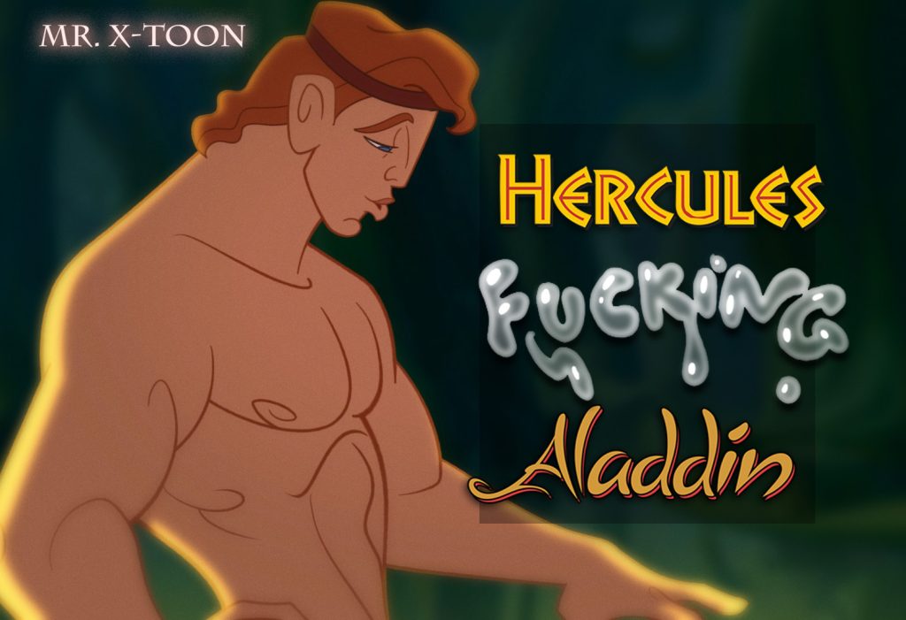 Poster for a Mr X Toons animation with Hercules and Aladdin. Hercules is shirtless and buff, and appears to be taking part in a sexual act.