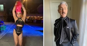 Split screen of two bi celebrities Aja and Alan Cumming.