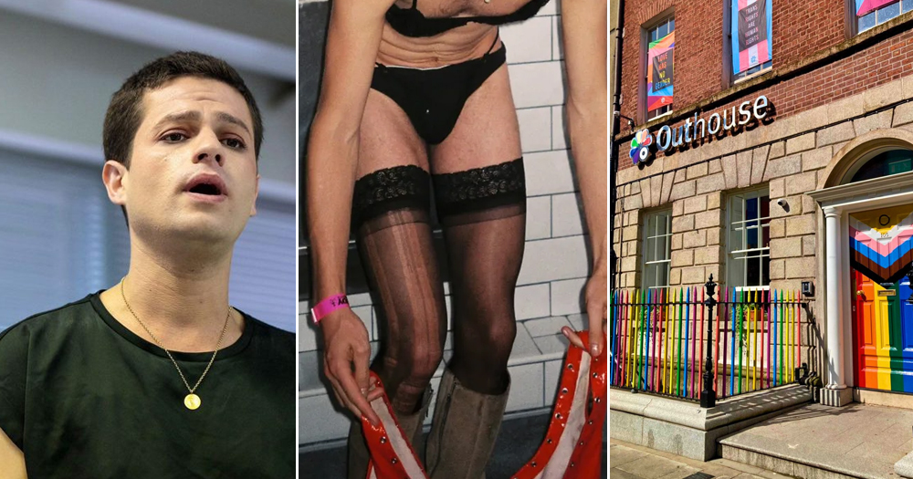 Split screen of queer events at Culture Night 2025: a man reciting a poem (left), a person getting dressed (centre) and the front door of Outhouse LGBTQ+ Centre.