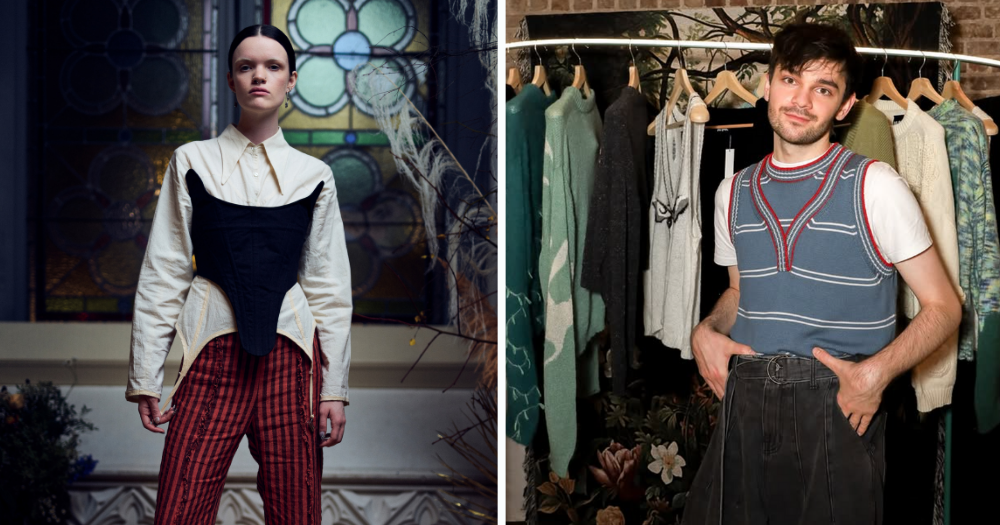 Split screen of two promo images for Dublin Independent Fashion Week 2025. Left is a model in a design from Ríon Hannora, right is the designer Mihai Mar.