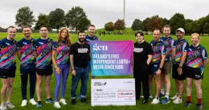 Dublin Front Runners, presenting Irish LGBTQ+ charities with their fundraised cheques following the Dublin Pride Run.