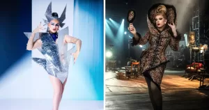 Split screen of two Irish Drag Race contestants Elle Vosque and Bonnie Ann Clyde.