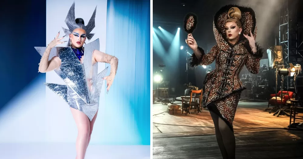 Split screen of two Irish Drag Race contestants Elle Vosque and Bonnie Ann Clyde.