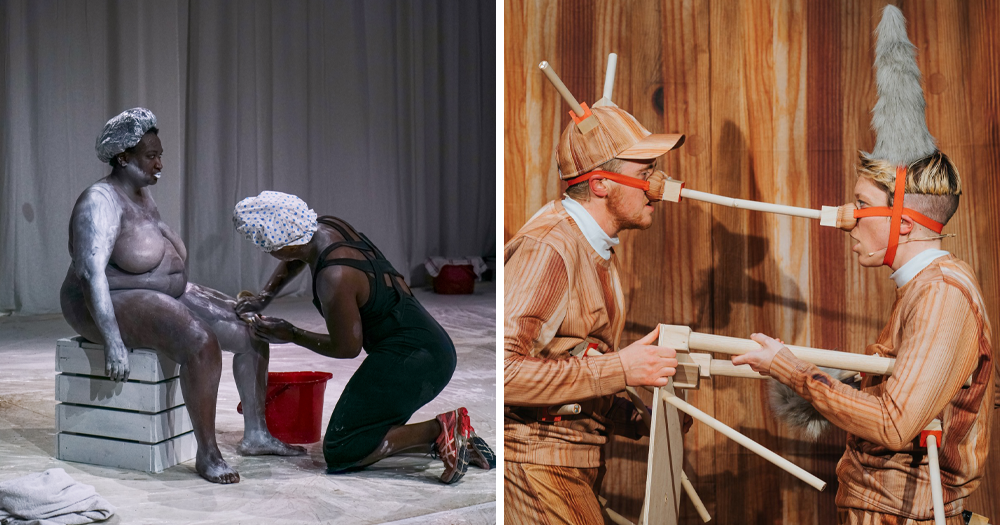 Split screen of two images from shows at the Dublin Theatre Festival. Left is from Whitewashing, right is from The Making of Pinocchio.