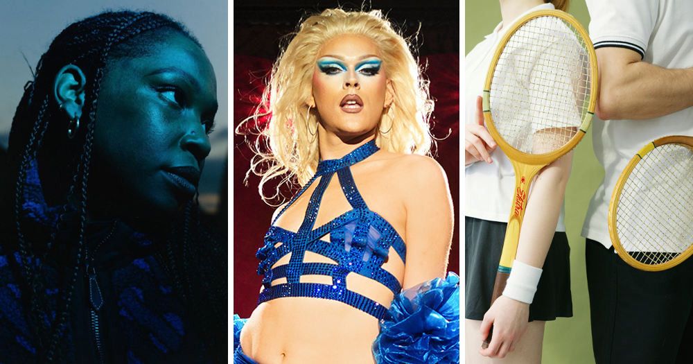 Split screen from three queer events happening in September. Left is Ok Williams, middle is Shaqira Knightly for Dublin Fringe Festival and right is two people with squash rackets.